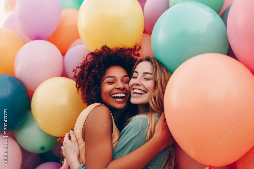 custom made wallpaper toronto digitalTwo best friends are hugging happily, surrounded by a backdrop of colorful balloons. Their joyful expressions reflect the excitement of a special celebration in a lively setting