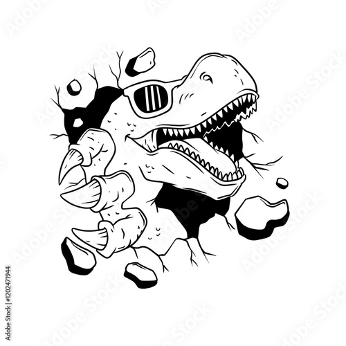 Cool T-Rex Breaking Through Wall Vector Illustration
