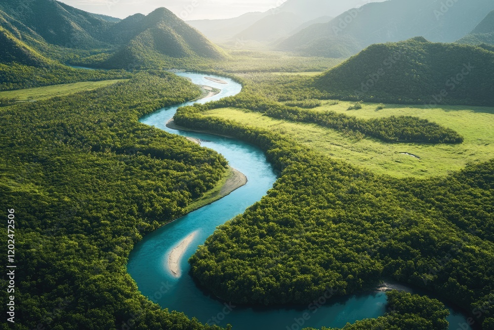 A meandering river flows through a lush green valley, surrounded by majestic mountains under a bright sky. A meandering river flows through a lush green valley, surrounded by majestic mountains under a bright sky.