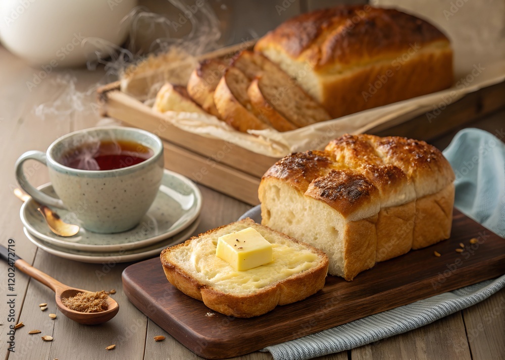 Homemade bread sliced and served alongside a dish of butter on a vintage wooden table, evoking a warm, rustic, and inviting atmosphere. Perfect for themes of baking, comfort food. Homemade bread sliced and served alongside a dish of butter on a vintage wooden table, evoking a warm, rustic, and inviting atmosphere. Perfect for themes of baking, comfort food.