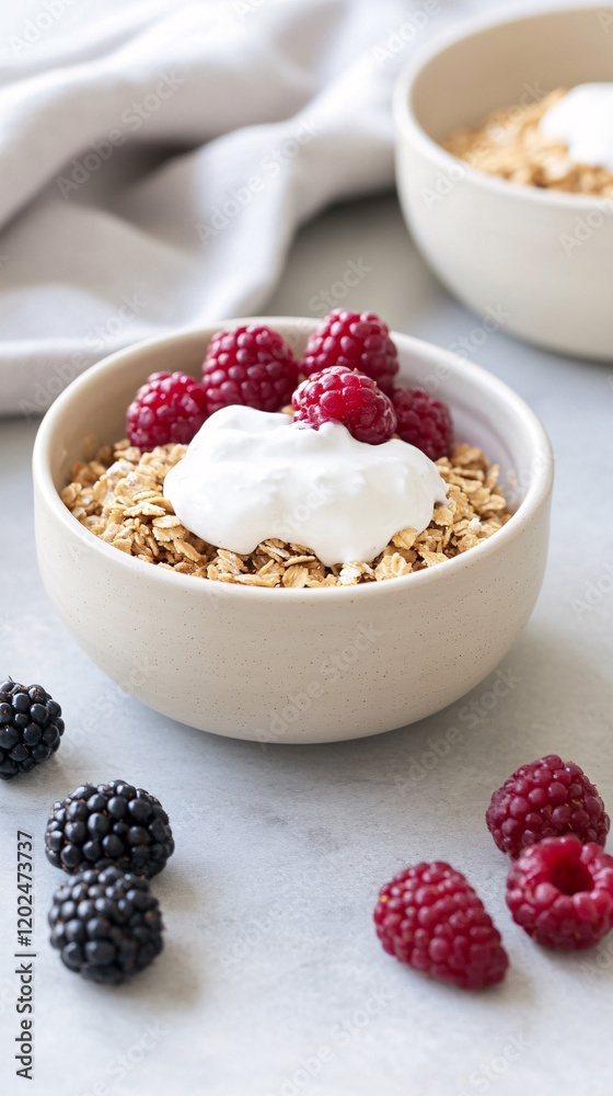 Delicious Oatmeal Breakfast Bowl with Raspberries and Yogurt Delicious Oatmeal Breakfast Bowl with Raspberries and Yogurt