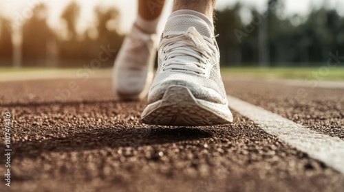 Close-up of runner's feet on track starting line.