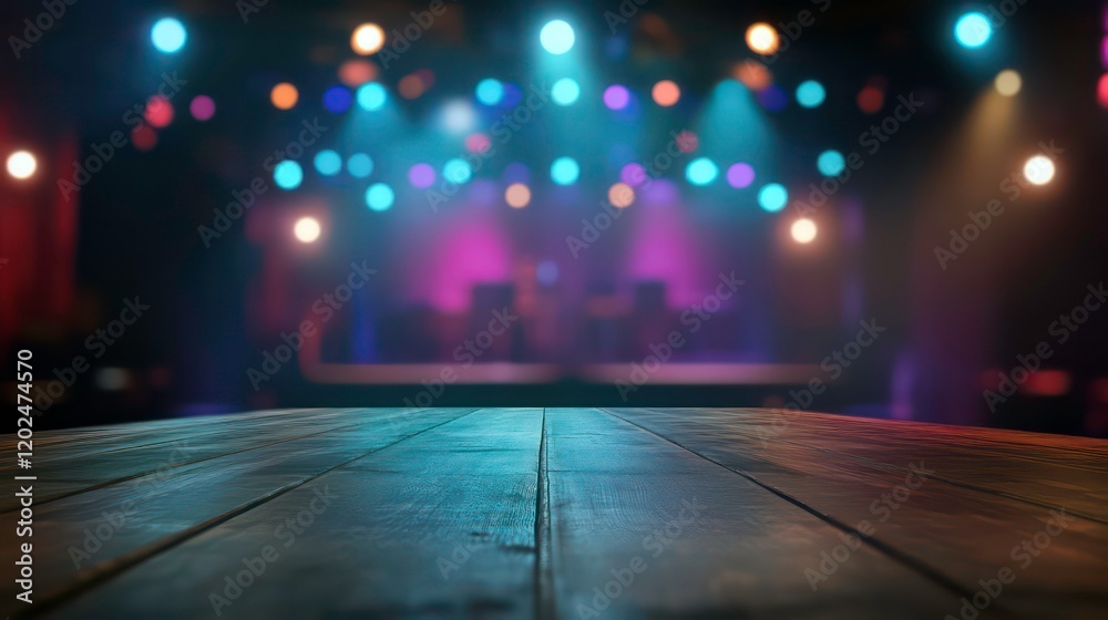 Empty wooden table and blurred background of hall of stage bar or cafe with bokeh lights. High quality photo Empty wooden table and blurred background of hall of stage bar or cafe with bokeh lights. High quality photo