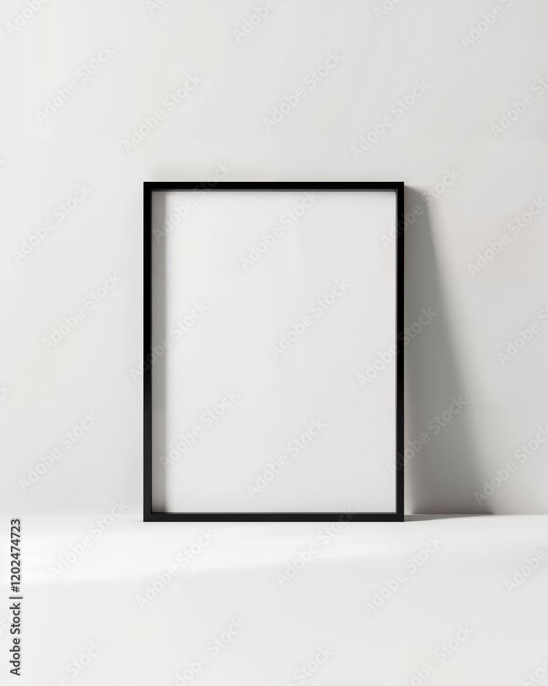 Minimalist black frame poised for the perfect artwork in a bright, airy room during midday Minimalist black frame poised for the perfect artwork in a bright, airy room during midday