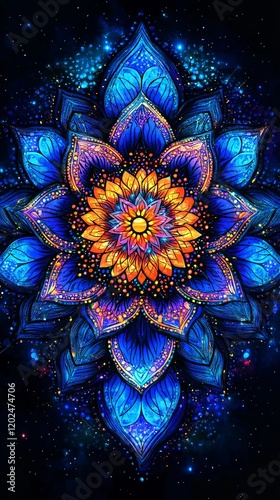 Vibrant Cosmic Mandala Flower AI Art, Blue Orange Mandala Design
