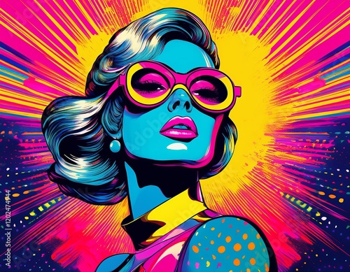 Illustration Pop Art d’une Femme aux Lunettes Roses et Fond Dynamique Coloré photo