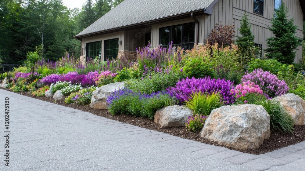 Obraz premium Summer garden landscape design, flowers, home driveway