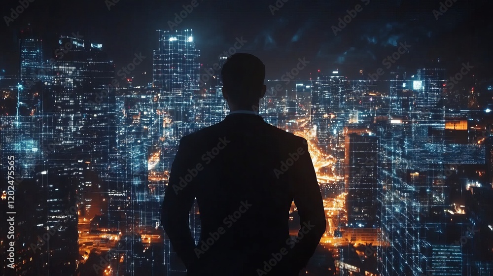 Silhouette of Businessman in Futuristic Cityscape with Neon Lights and Digital Network Connections Modern Urban Vision of Technology and Innovation Silhouette of Businessman in Futuristic Cityscape with Neon Lights and Digital Network Connections Modern Urban Vision of Technology and Innovation