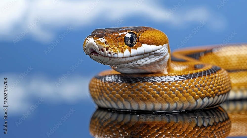 Fototapeta premium Stunning Close-Up of a Golden Child Python Against a Blue Sky