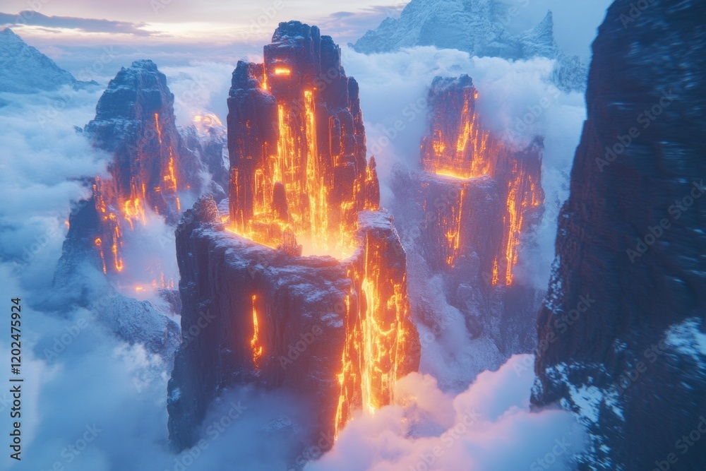 Fototapeta premium Fiery Lava Flows Down Snow Capped Volcanic Peaks