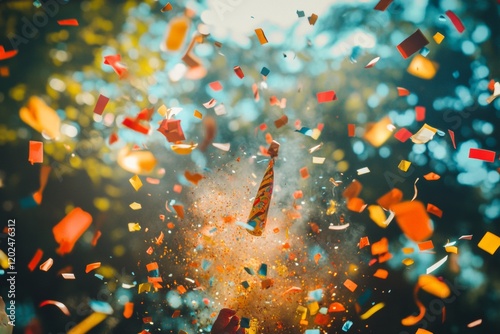 A spectacular burst of colorful confetti fills the air at a joyful birthday celebration. Bright reds, yellows, and blues create a festive atmosphere as laughter surrounds the lively event