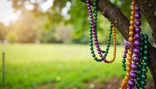 Colorful Mardi Gras beads hanging from a tree in a sunny park