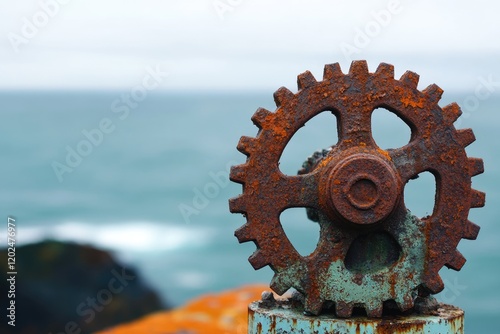 A rusty gear, weathered by time and sea air, stands against a blurred ocean backdrop. photo