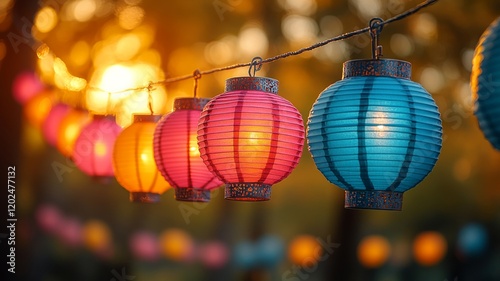 Colorful Hanging Lanterns in Evening Garden photo