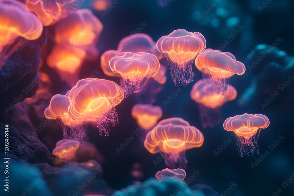 Naklejka premium Glowing Jellyfish Swim in Dark Ocean Depths