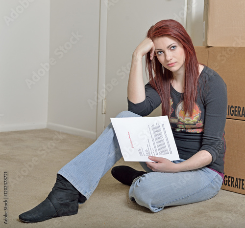Cute young red-haired woman sitting on floor of home holding a generic eviction letter in front of cardboard boxes