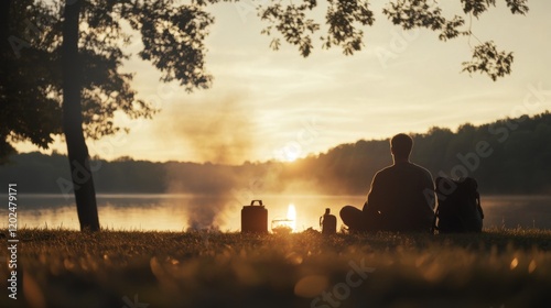 Man enjoys sunrise by calm lake, campfire smoke, backpack.
