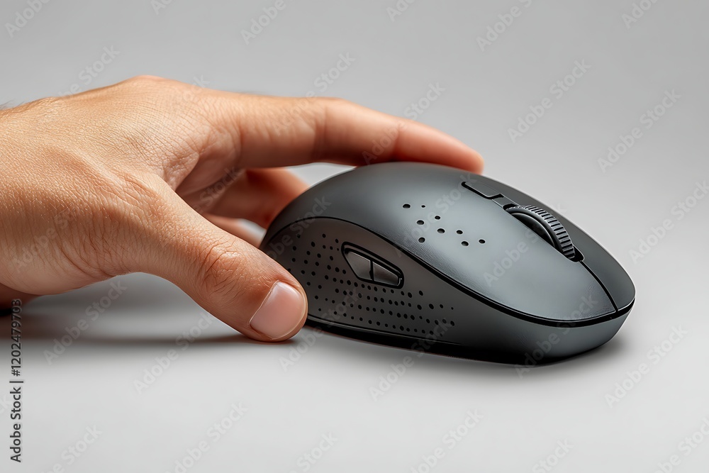 Close-up of a modern wireless computer mouse held by a hand Close-up of a modern wireless computer mouse held by a hand