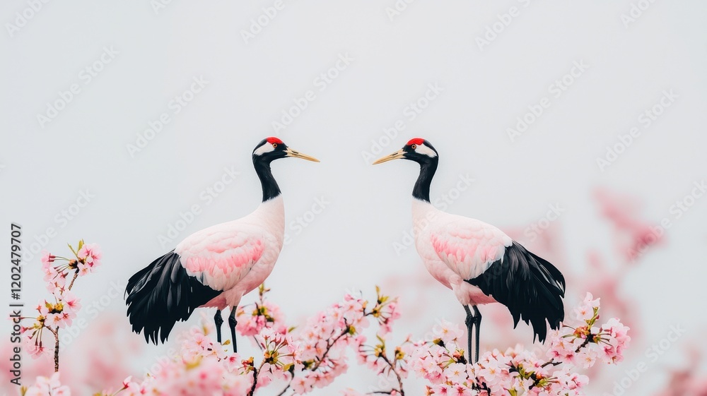 Fototapeta premium Two elegant cranes stand among pink blossoms, exuding grace and beauty in a serene setting.