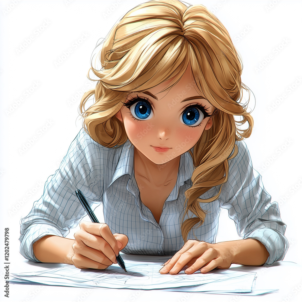 drawing Girl designer sits at the computer and works, she has blue eyes and blond hair. drawing Girl designer sits at the computer and works, she has blue eyes and blond hair.