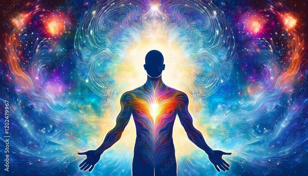 Naklejka premium human and love spirit powerful energy connect to the universe power abstract art watercolor painting illustration design hand drawn