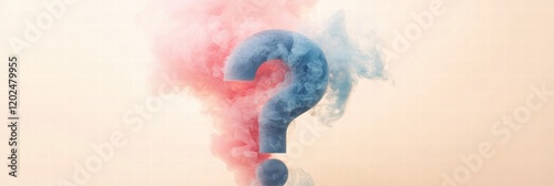 Clouds of pink and blue smoke blend into a large question mark shape against a soft background. Generative AI