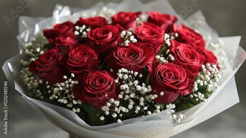 Romantic red rose bouquet, close-up, on a neutral background, for gift giving photo