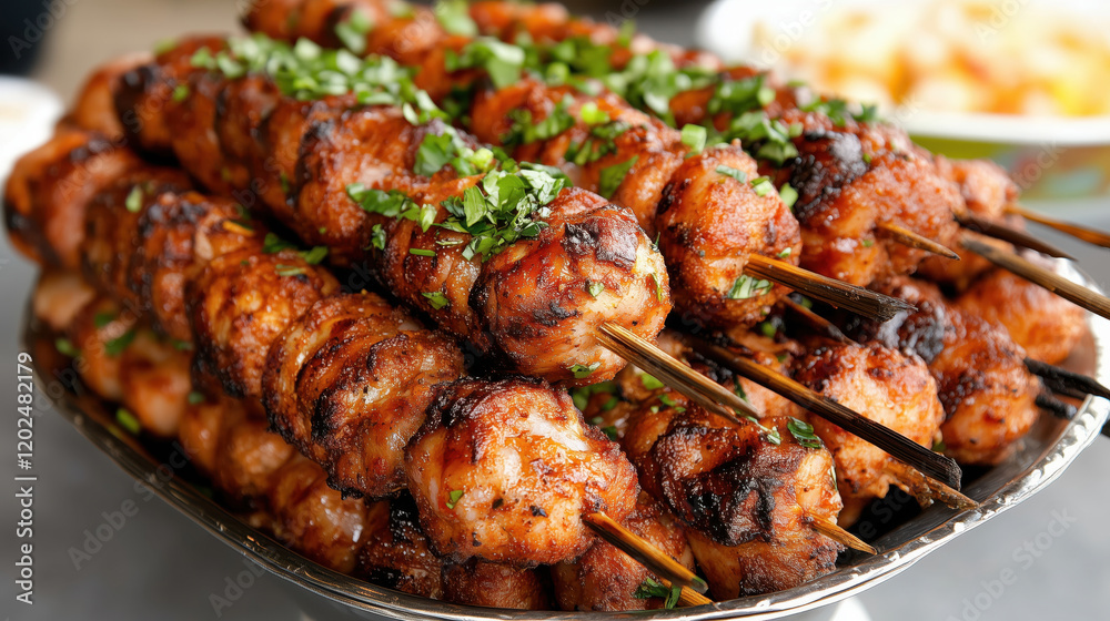 Savory grilled kebabs prepared for iftar during Ramadan celebrations with fragrant herbs and spices Savory grilled kebabs prepared for iftar during Ramadan celebrations with fragrant herbs and spices