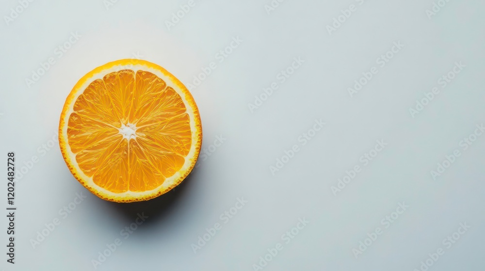 Close-up of a perfectly sliced orange half on a white background.