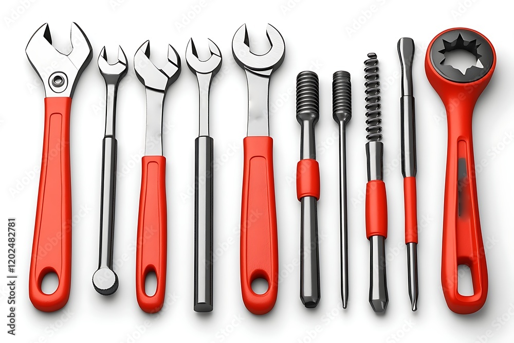 Professional Tools Set with Red Handles on White Background Professional Tools Set with Red Handles on White Background
