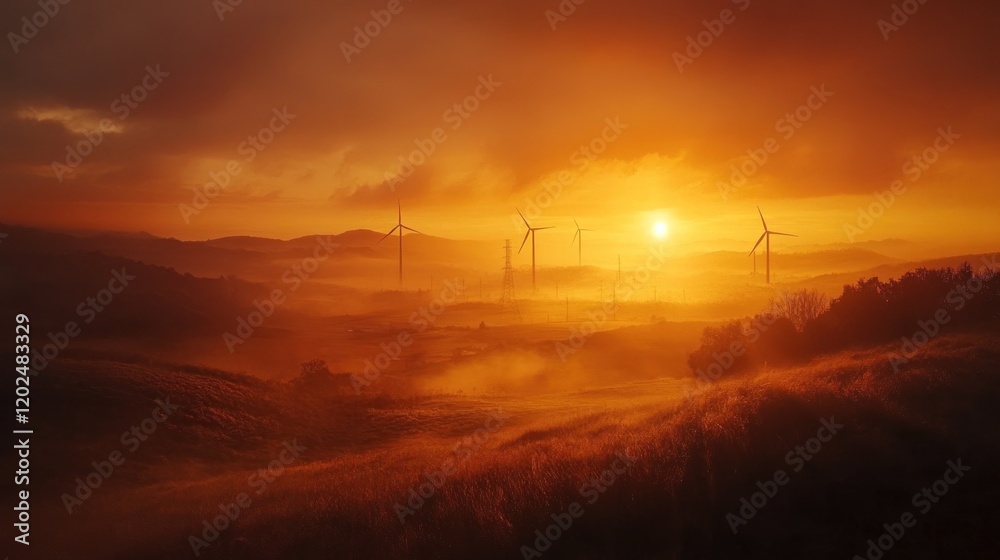 Obraz premium Golden sunrise over misty field with wind turbines.