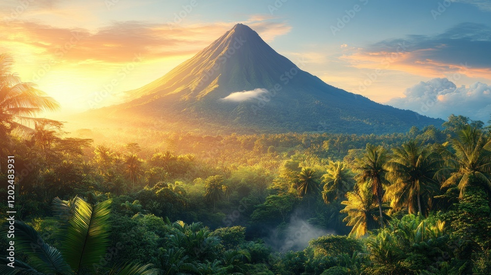 Fototapeta premium Sunrise Volcano Jungle Tropical Paradise