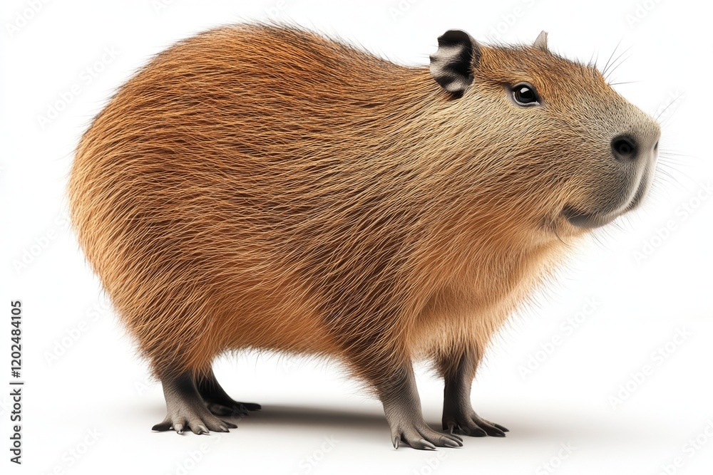 Capybara standing on a plain white background showcasing its natural features and unique fur texture Capybara standing on a plain white background showcasing its natural features and unique fur texture