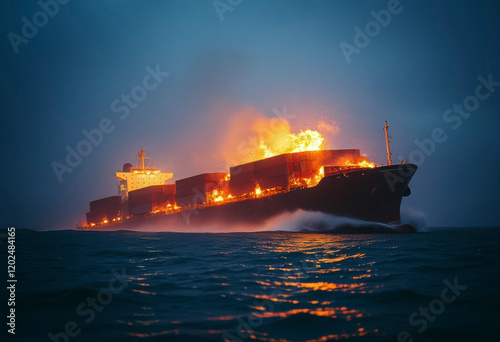 A large cargo ship is engulfed in flames while struggling in rough seas during dark nighttime hours, creating a dramatic emergency situation.