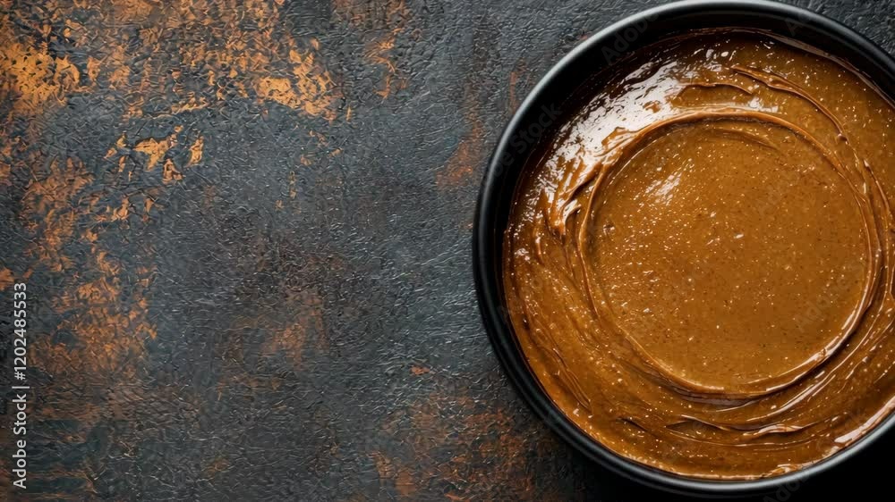 Creamy nut butter in a dark bowl on textured surface with earthy tones showcasing a natural food preparation setting Creamy nut butter in a dark bowl on textured surface with earthy tones showcasing a natural food preparation setting
