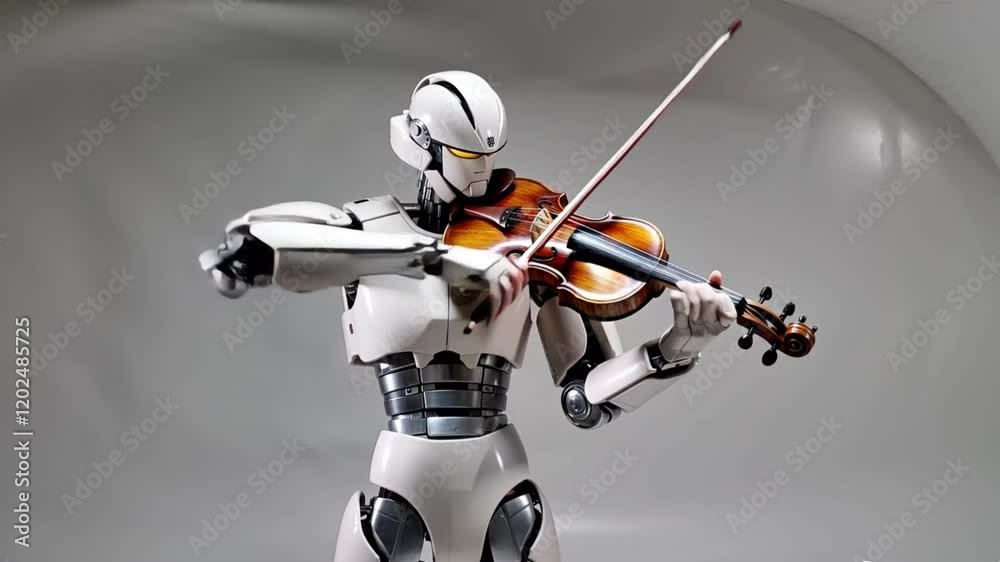 White robot playing a violin gracefully on a plain white background.