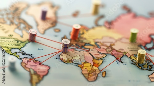Global trade network visualized on a world map with colored barrels marking key locations and red lines representing trade routes.