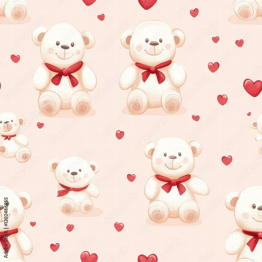 Cute teddy bears with red ribbons and hearts on pink background designed for a cheerful atmosphere in childrens rooms. Generative AI Cute teddy bears with red ribbons and hearts on pink background designed for a cheerful atmosphere in childrens rooms. Generative AI