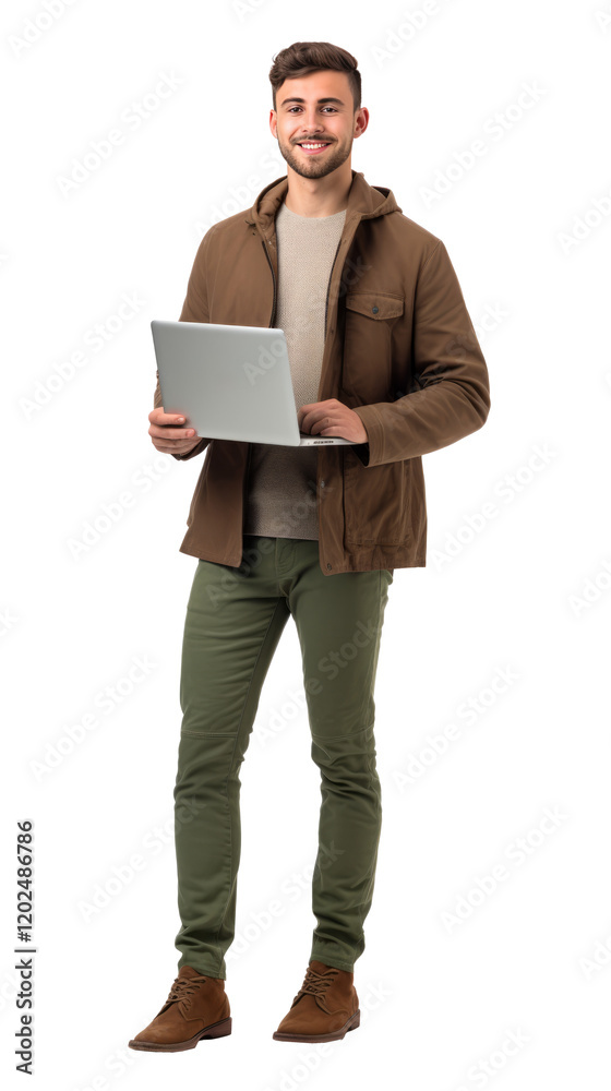 A successful young man is standing with a laptop in his hands. Isolated on transparent beckground. AI generated. A successful young man is standing with a laptop in his hands. Isolated on transparent beckground. AI generated.
