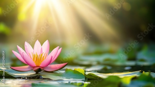 Pink water lily in sunlit pond.