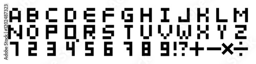 Pixel font for a video game.  Game font, letters of the alphabet, numbers. Old retro game, 8 bit.
Vector.