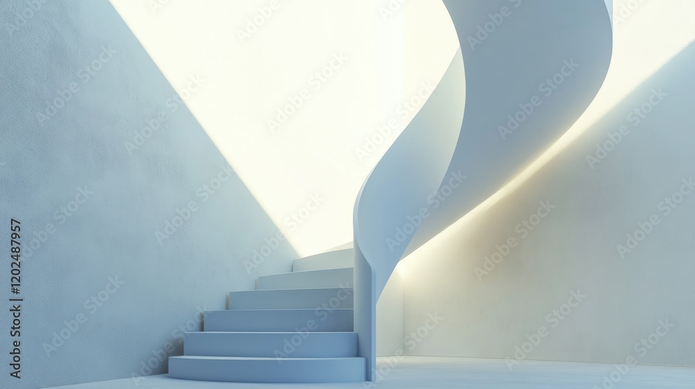 Obraz premium Modern minimalist white spiral staircase with soft lighting.