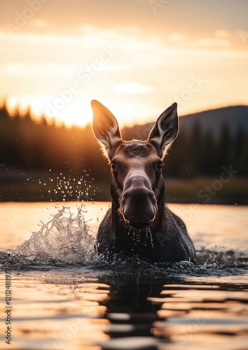 Un orignal femelle, vue de face, marchant dans l'eau d'un lac avec un coucher de soleil en arrière-plan. photo