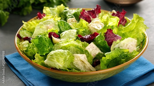 Fresh Green Salad with Creamy Dressing in Bowl photo