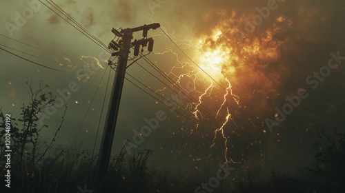 Power Pole Under an Intense Lightning Storm in the Evening Sky, Generating Dramatic Energy