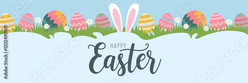Happy Easter with Eggs, Grass, and Bunny Ears