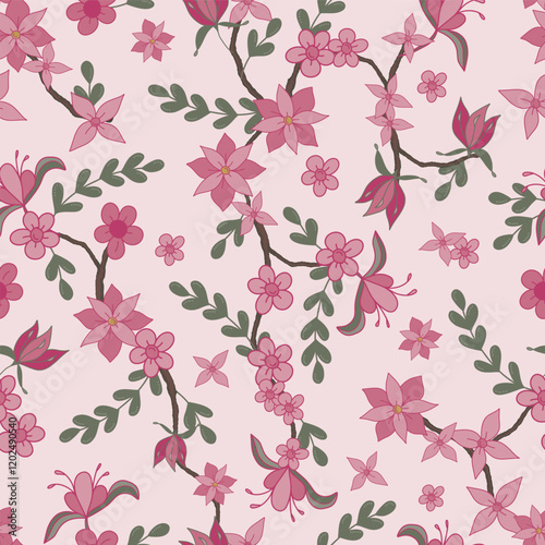 Stylized Pale Rose and Fuchsia and Pastel Carnation Pink Flowers on Trailing Vines on Baby Pink Background creating a seamless pattern print background