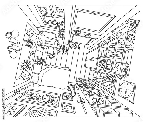 Coloring page. Interrior of teenager’s room from above with furniture and home objects. Cozy children room. Linear sketch vector illustration.