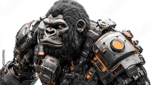 Powerful gorilla in futuristic armor, intense gaze. (1) photo