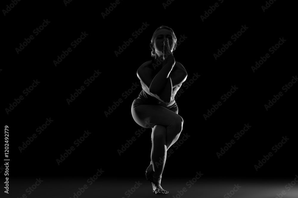 Obraz premium Silhouette of young woman practicing yoga on black background